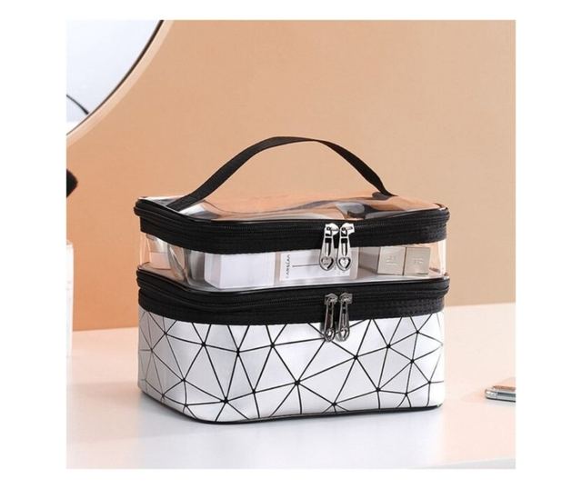 Zložljiva kozmetična torbica, 2 predelka, geometrijski vzorec, srebrna, 9x23x15,5 cm, eCarla, KS35WZ4