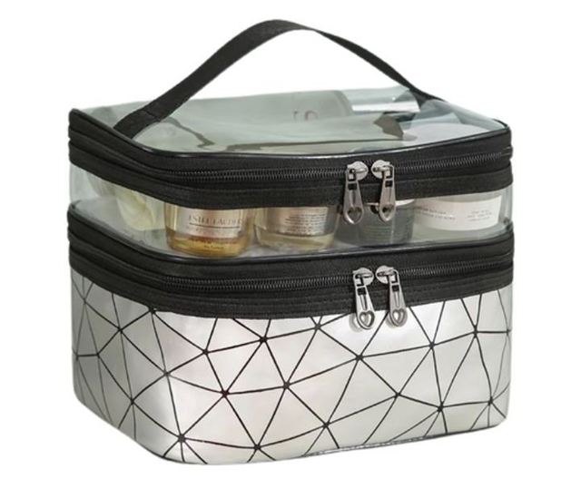 Zložljiva kozmetična torbica, 2 predelka, geometrijski vzorec, srebrna, 9x23x15,5 cm, eCarla, KS35WZ4