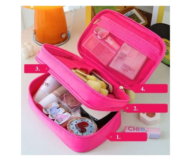 Kozmetična torbica, prešita, z ročajem, ciklamen barva, 24x9x15 cm, eCarla, KS132R