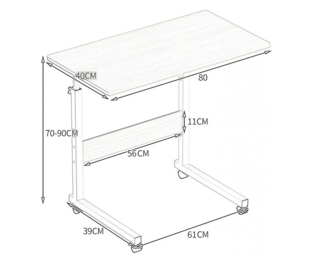 Mobilna mizica, nastavljiva, na kolesih, za prenosnik, kovinsko ogrodje, bela barva, 80x40 cm, eCarla, STL03WZ2