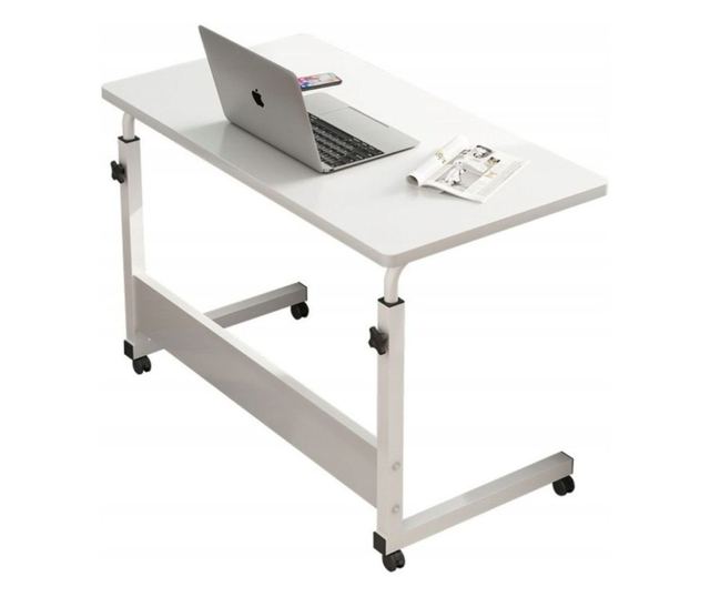 Mobilna mizica, nastavljiva, na kolesih, za prenosnik, kovinsko ogrodje, bela barva, 80x40 cm, eCarla, STL03WZ2