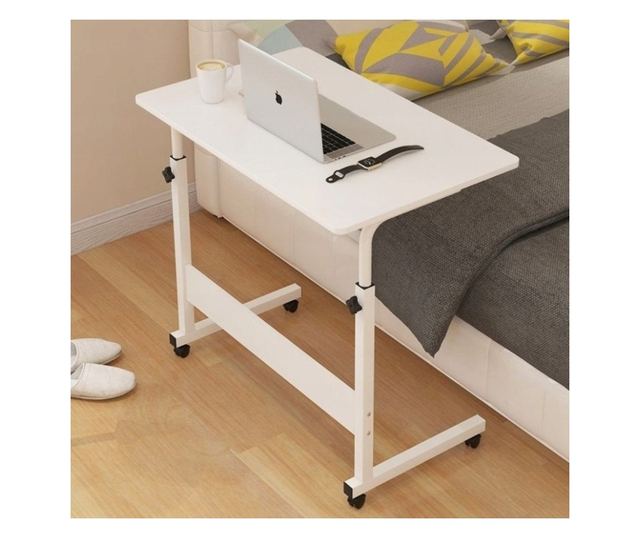 Mobilna mizica, nastavljiva, na kolesih, za prenosnik, kovinsko ogrodje, bela barva, 80x40 cm, eCarla, STL03WZ2