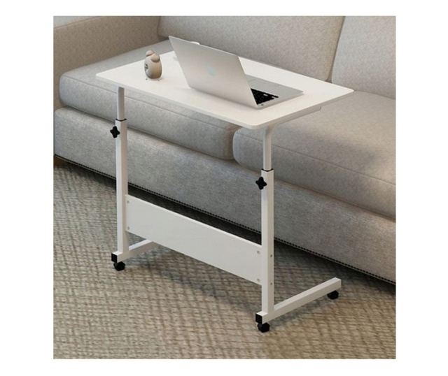 Mobilna mizica, nastavljiva, na kolesih, za prenosnik, kovinsko ogrodje, bela barva, 80x40 cm, eCarla, STL03WZ2