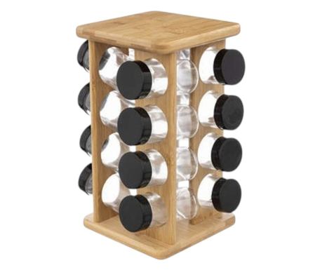 Suport condimente Brenda Black, cadru bambus, 16 recipiente, 17x17x28 cm