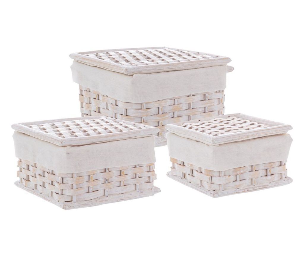 Set of 3 Homely Rattan Bamboo Storage Baskets, Natural/White, 17x17x8h; 20x20x10.5; 23x23x13h - 2