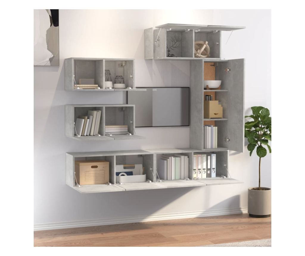 TV omarica, komplet, 6 kosov, betonsko siva, konstruiran les - 3