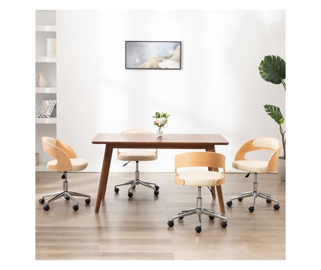 Vrtljivi stoli, 4 kosi, kremni, upognjen les in umetno usnje