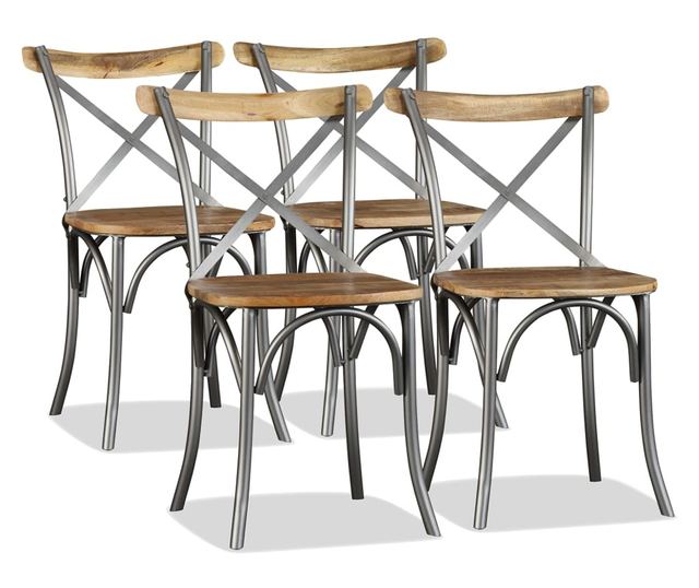 Jedilni stoli (komplet 4), masiven mangov les, jekleno križno naslonjalo