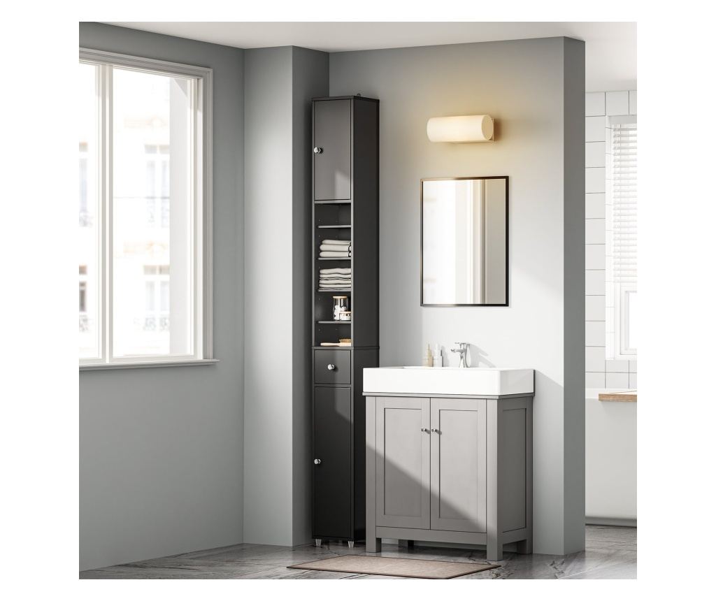 SoBuy Στενή Στήλη Μπάνιου με Ρυθμιζόμενα Ράφια και Συρτάρι, Μαύρο, MDF - 3