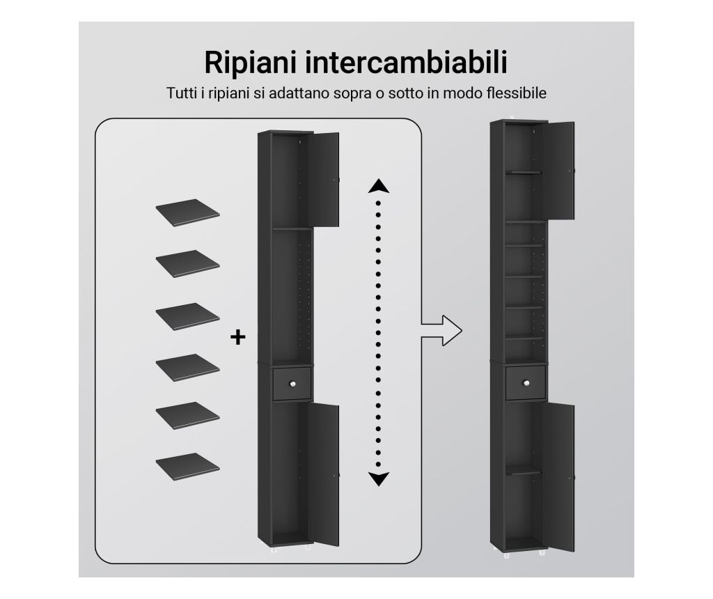 SoBuy Στενή Στήλη Μπάνιου με Ρυθμιζόμενα Ράφια και Συρτάρι, Μαύρο, MDF - 6