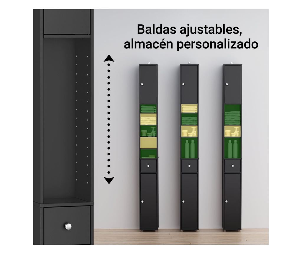 SoBuy Στενή Στήλη Μπάνιου με Ρυθμιζόμενα Ράφια και Συρτάρι, Μαύρο, MDF - 7