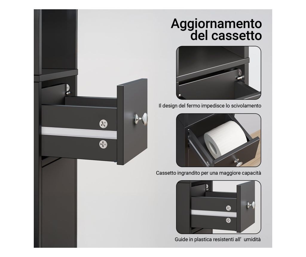 SoBuy Στενή Στήλη Μπάνιου με Ρυθμιζόμενα Ράφια και Συρτάρι, Μαύρο, MDF - 8