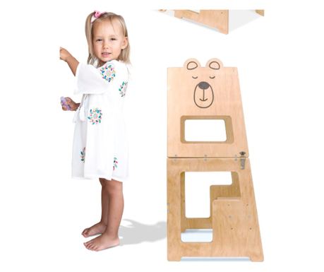 Πύργος Μάθησης Montessori, Σχέδιο Αρκούδας, με Πίνακα Ζωγραφικής, για Παιδιά 12+ Μηνών, Κόντρα Πλακέ/Φυσικό Ξύλο