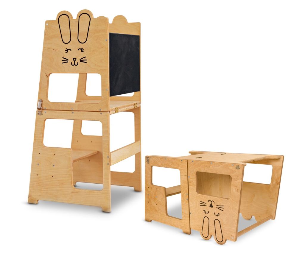 Montessori učící věž, design Bunny, s tabulí na křídu, pro děti od 12 měsíců, překližka/přírodní dřevo - 3