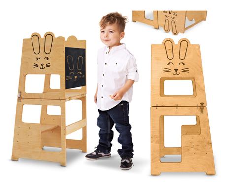 Πύργος Μάθησης Montessori, Σχέδιο Λαγουδάκι, με Μαυροπίνακα, για Παιδιά 12+ Μηνών, Κόντρα Πλακέ/Φυσικό Ξύλο