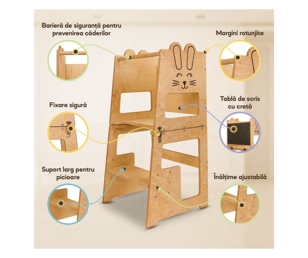 Montessori učící věž, design Bunny, s tabulí na křídu, pro děti od 12 měsíců, překližka/přírodní dřevo - 5