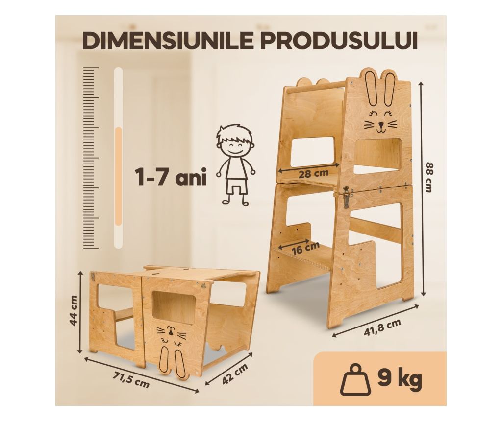 Montessori učící věž, design Bunny, s tabulí na křídu, pro děti od 12 měsíců, překližka/přírodní dřevo - 7