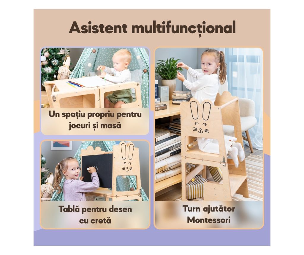 Montessori učící věž, design Bunny, s tabulí na křídu, pro děti od 12 měsíců, překližka/přírodní dřevo - 9