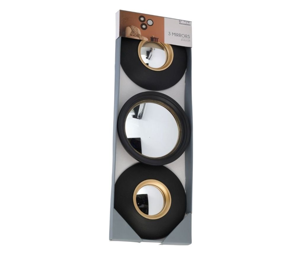 Set of 3 Round Decorative Mirrors with Black Frames and Gold Details, 25.5 cm