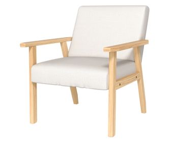 Fotoliu Modern cu 2 Perne din In și Picioare din Lemn de Pin, 64x70x72 cm, Alb Crem