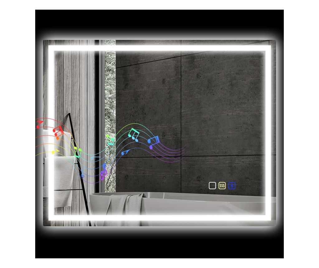 Oglindă de Perete LED cu Bluetooth, 100x80 cm, Antiaburire, Iluminare Reglabilă, 3 Culori, Montaj Orizontal/Vertical