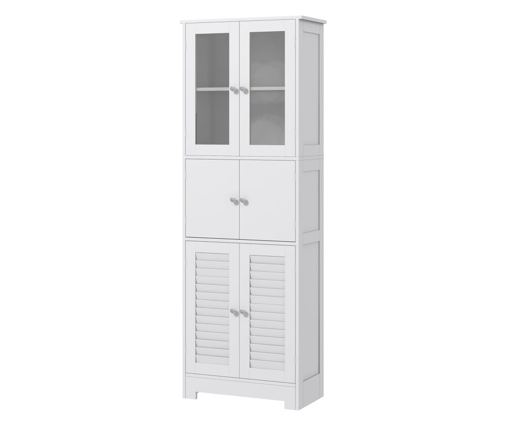 Bathroom Column Cabinet with 3 Double Doors, Multifunctional Cabinet with Glass and Slat Doors, 60x30x170.5 cm, White