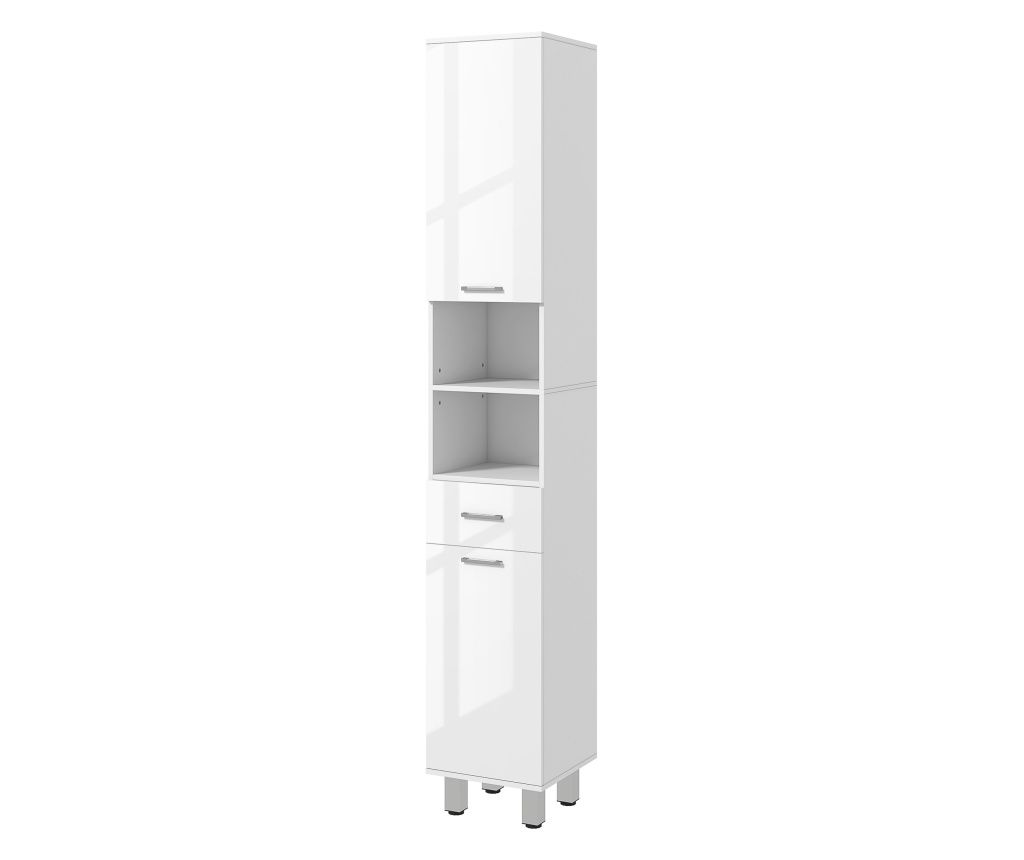 Mobilier pentru Baie cu 1 Sertar 3 Rafturi Ajustabile și 2 Dulapuri, 30x30x180 cm, Alb Lucios