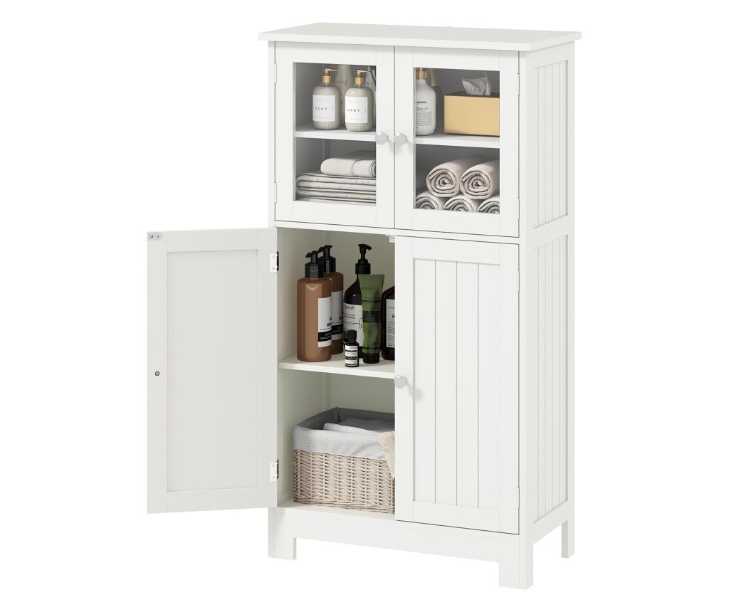 Bathroom Cabinet with 2 Cupboards and Glass Doors, Space-Saving Bathroom Cabinet with Adjustable Shelf, Floor Cabinet