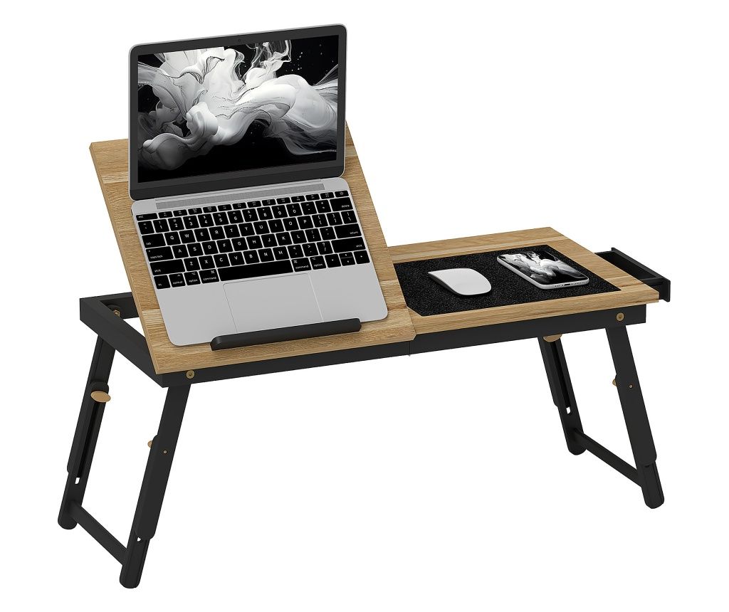 Suport Laptop Înclinabil, cu Înălțime Reglabilă și Sertar Lateral, 83.5x33x23.5-34 cm, Negru