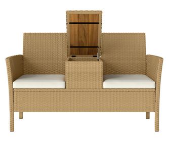 Градинска пейка с 2 места от ратан и стомана, външна пейка с възглавници и сгъваема маса със скрито място за съхранение