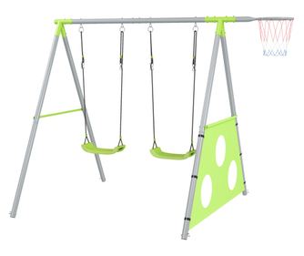 3 az 1-ben Kerti Hinta Gyerekeknek 3-8 Éves Korig Kosárlabda Karikával és Futballkapuval, 238x180x182 cm, Zöld