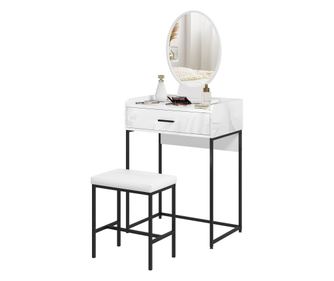 Masă de toaletă cu oglindă și taburet, set de masă de toaletă cu sertar și taburet cu pernă, birou modern de machiaj pentru dorm