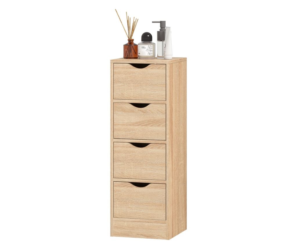 Dulap de Baie Compact cu 4 Sertare, Dulap Slim cu Mânere Decupate, Stil Nordic, 29x29x83 cm, Lemn Natural