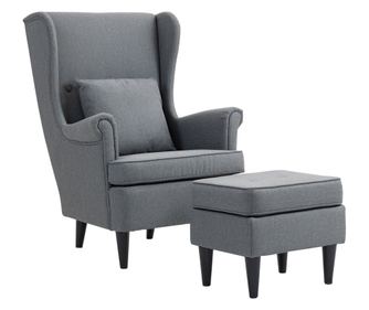 Релаксиращ фотьойл с поставка за крака, възглавница и висока облегалка, капитониран платнен стол за спалня с дървени крака и под