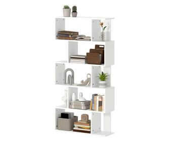 5-етажна S-образна асиметрична етажерка за книги с 10 отворени рафта, 80x24x159 см, бяла