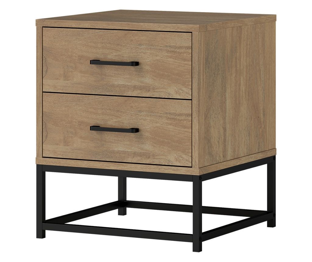 Set de 2 Noptiere cu 2 Sertare din Lemn și Oțel, 40x39.5x48 cm, Lemn Natural