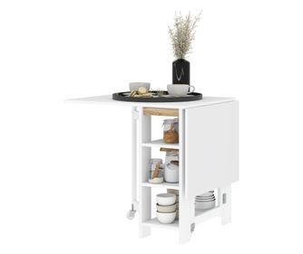 Сгъваема маса за хранене с падащ плот и колелца, 2 падащи плота и рафтове, 120x60x75 см, бяла