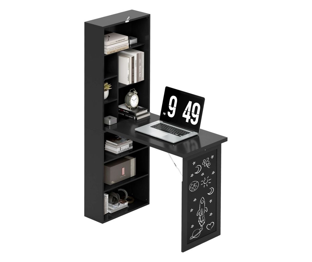 Birou Pliabil cu Bibliotecă, Tablă și Masă de Dining Rabatabilă, 98x51x153 cm, Gri închis
