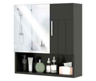 Шкаф за баня с огледало, регулируеми рафтове, 2 врати и отворен рафт, дърво и стъкло, 54x15.2x55.3 см, черен