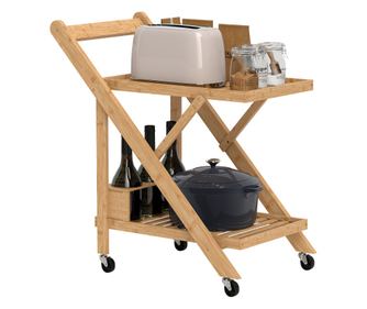 Cărucior de Bucătărie Pliabil cu 2 Nivele și Roți, Cărucior Portavivande cu Suport pentru Sticle din Lemn de Bambus cu Lamele, 6