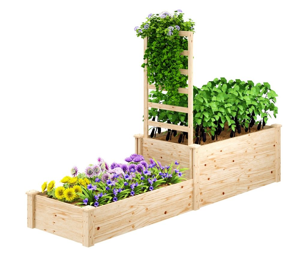 Pat Înălțat pentru Grădină cu Grilaj, Bază Deschisă și 2 Despărțitoare, 222x63x132 cm, Lemn Natural