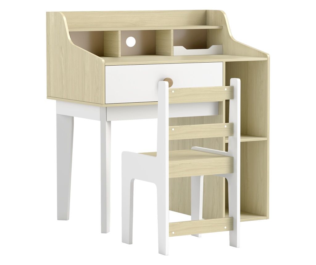 Kids Desk and Chair Set with Storage Shelf and Drawer, 80.4x50x96 cm, White