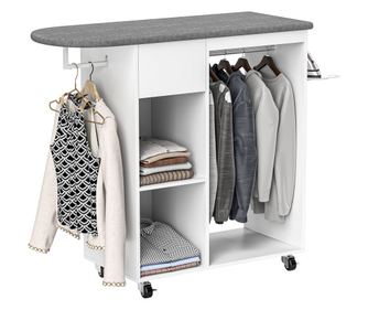 Дъска за гладене с поставка за ютия, закачалка за дрехи, чекмедже и рафт, 125x43.5x112 см, бяла