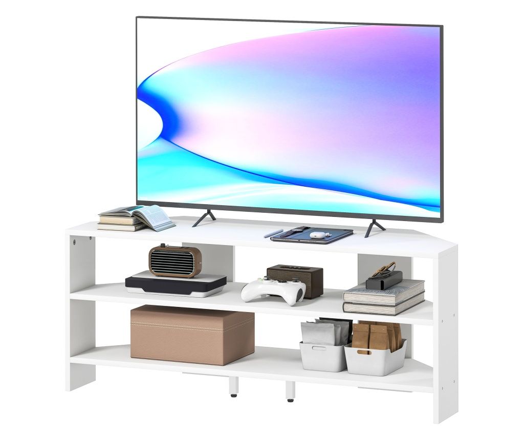 Comodă TV de Colț 47" max cu 2 Rafturi Deschise din Lemn Alb