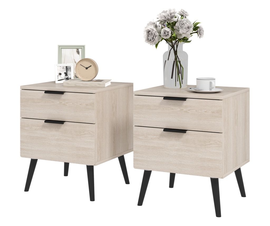 Set de 2 Noptiere cu 2 Sertare pentru Dormitor sau Camera de Zi, 40x40x50 cm, Lemn Natural