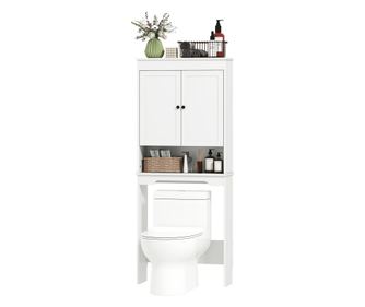Шкаф за над тоалетна с 3 затворени рафта и отворен рафт, дърво, 65x22x161 см, бял