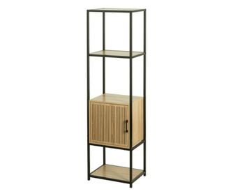 Fémvázas szekrény MDF polcokkal, modern dizájn fa ajtóval, 43x33x153 cm, fekete