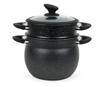 Тенджера за готвене на пара Royalty Line RL-CP6LM, 20 см, 6 литра, 3 части, Мраморно покритие, Индукция, Черен