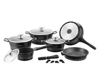 Комплект тенджери и тигани Royalty Line RL-ES1014M Black, Лят алуминий, 14 части, Мраморно покритие, Черен