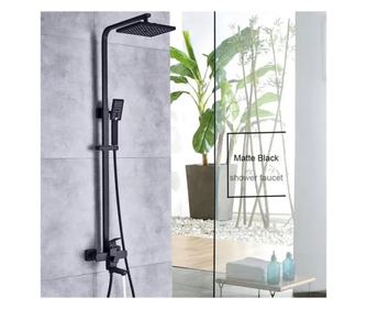 Tuš stup, nehrđajući čelik, kvadratna glava tuša, efekt kiše, 3 funkcije, zidna montaža, mat crna, uključeni dodaci, HS00